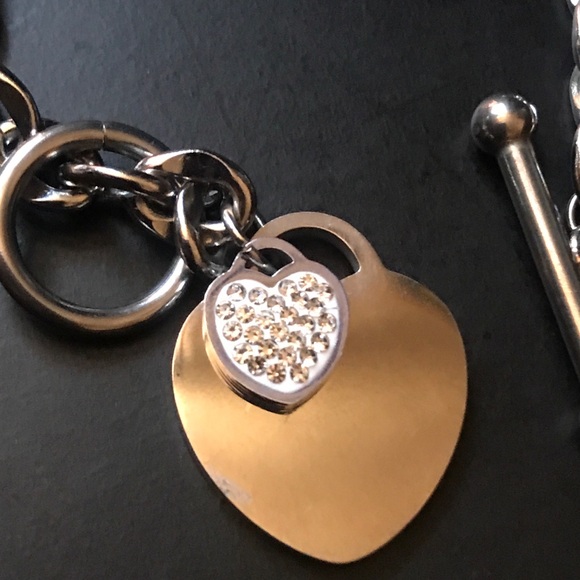 Stainless Steel Double Heart Pendants Link Bracelet Women’s Toggle Women Size 8” - Picture 8 of 9